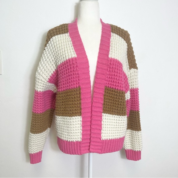 Uncharted Threads Open Front Striped Cropped Cardigan Chunky Knit Sweater Size M - Picture 4 of 10